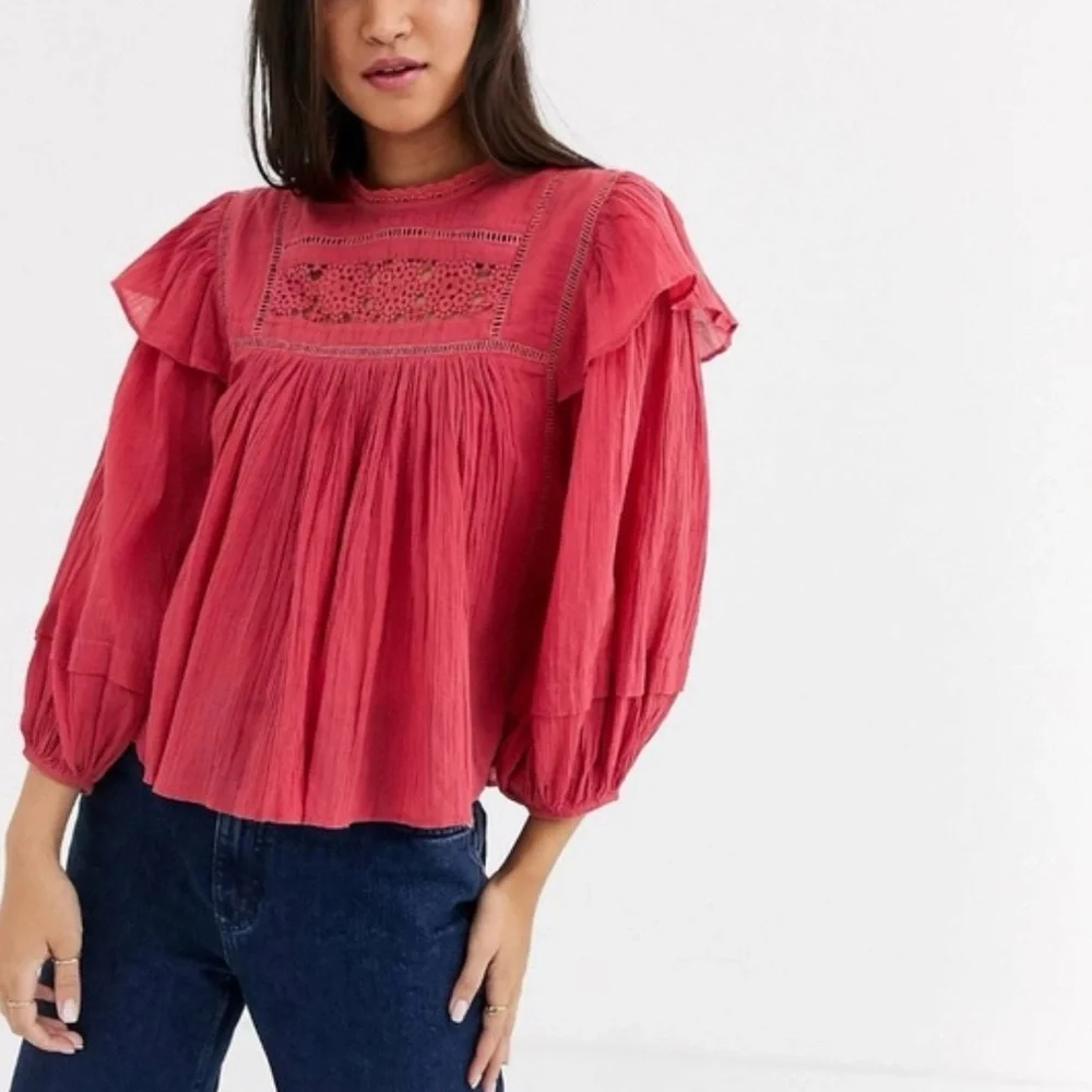 Free People‎ Pink Puff Sleeve Ruffled Blouse
